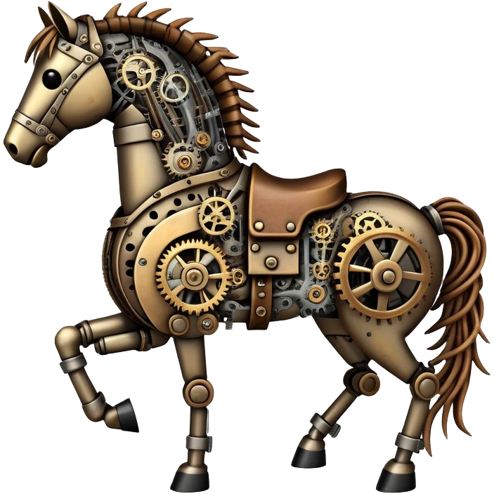 Horse made of visible mechanical parts with gears, cogs, wires, and rope components, steampunk style emoji