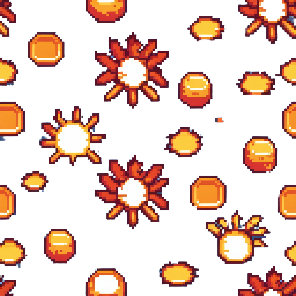 Bomberman horizontal explosion tile, flames extending left to right across full width, bright orange and yellow core with red edges, flames about 60% of tile height, centered vertically, flame wisps details emoji