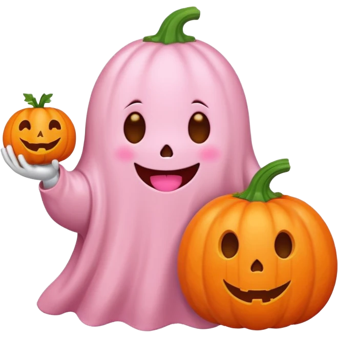 pastel pink ghost with orange pumpkin kawaii style emoji