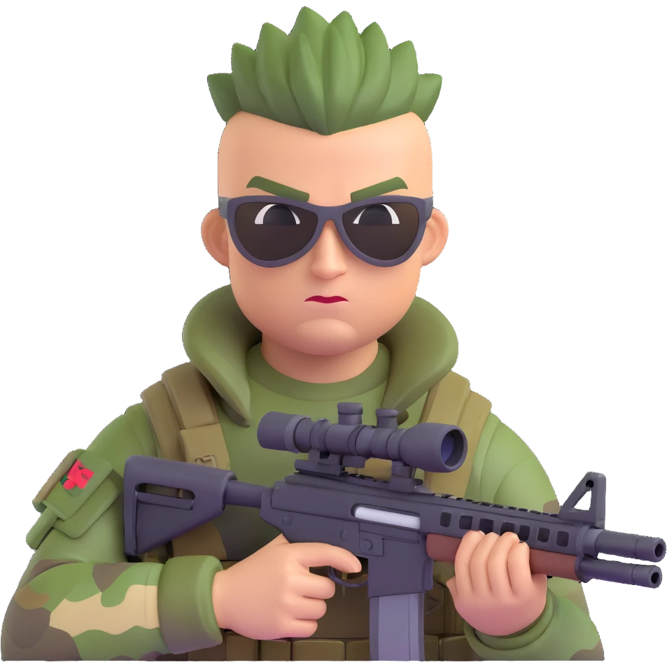 Add camouflage face paint to the muscular soldier, keep the mohawk hairstyle and sniper rifle, preserve 3D emoji style, no background. emoji