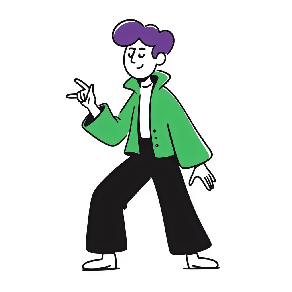 Man with stylish green jacket and purple hair, strong pose, bold expression, modern clothing style emoji