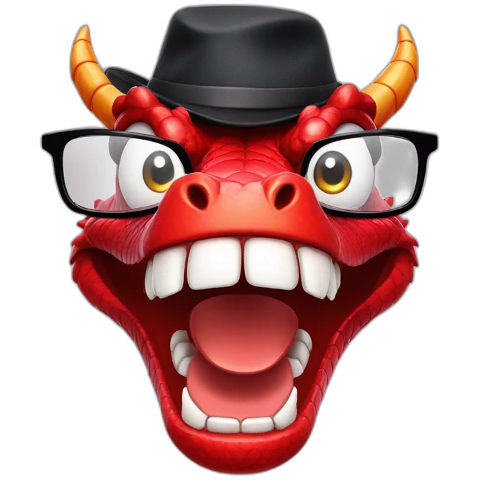 Crazy funny red dragon head with human white teeth and beautiful smile wearing glasses and hat emoji