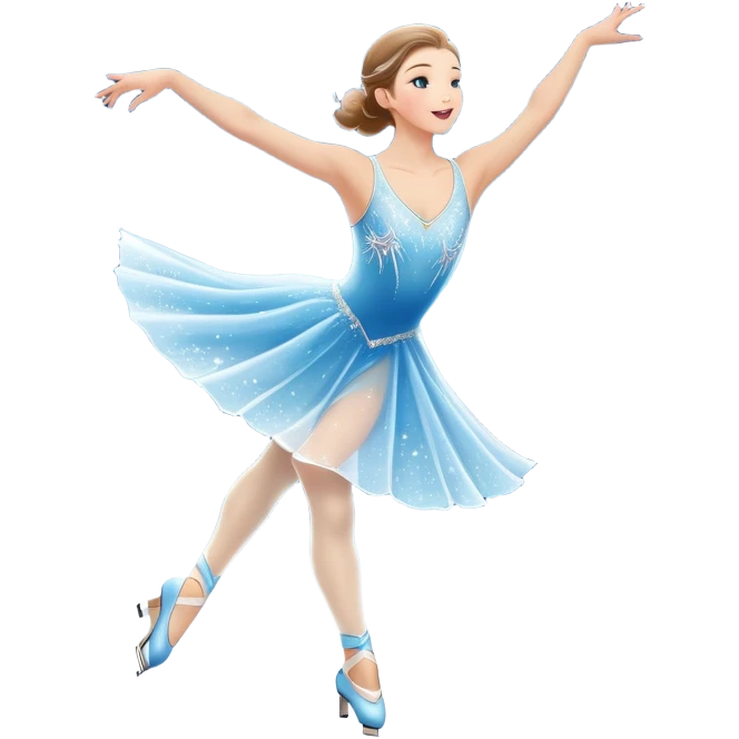 An icon showing a graceful figure skater mid-spin on a sparkling ice rink, wearing an elegant costume. The background features festive arena lights, snowflakes, and cheering spectators. Transparent background captures the beauty, artistry, and elegance of figure skating. emoji