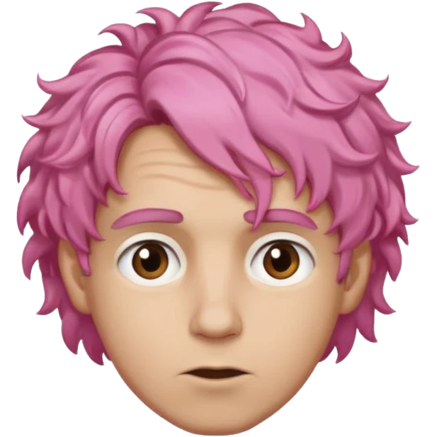 A light-skinned man with moderately curly pink hair, brown eyes and a slightly uneasy expression. emoji