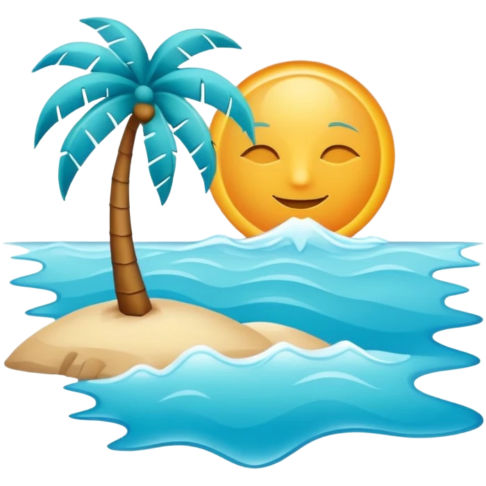 Minimalist sun and palm tree outline icon, thin contour, monoline vector, premium tropical travel emoji, aqua teal and ice blue, transparent background, 512x512 emoji