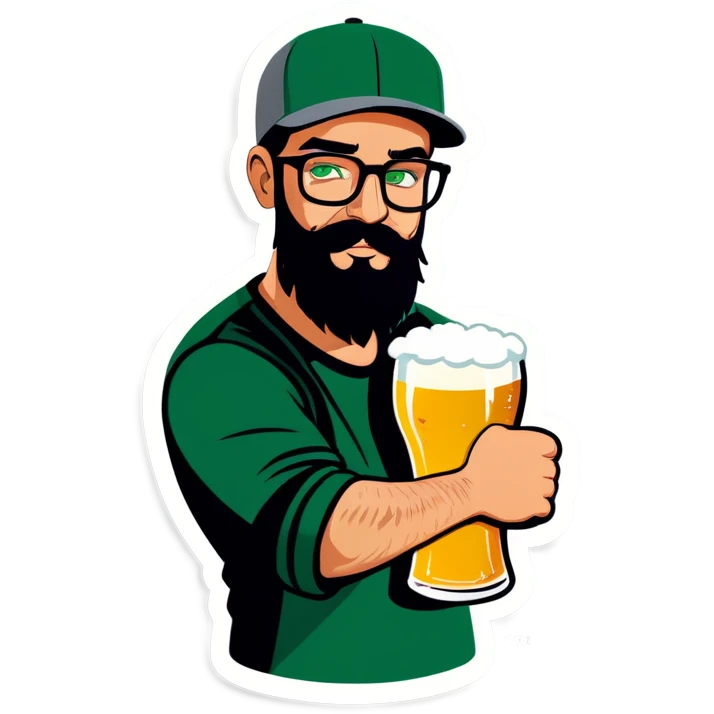 A bold man with a grey baseball cap, green eyes, big beard and glasses, drinking beer emoji
