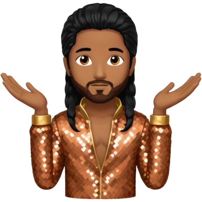 Omarion with long black hair, copper sequin outfit emoji