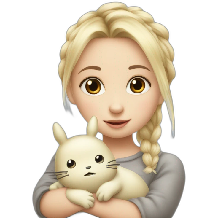 bébé fille blonde décoiffée avec une peluche Totoro  emoji
