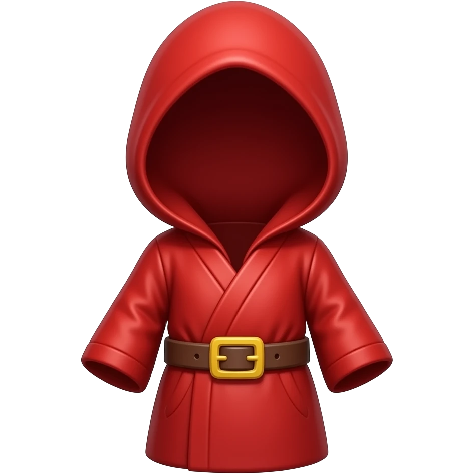 Flat 2D emoji style of red Shy Guy clothes only, red hooded robe, brown belt with yellow buckle, no head, no face, no arms, no legs, simple cartoon icon, transparent background, centered, vibrant red, cute Mario style emoji