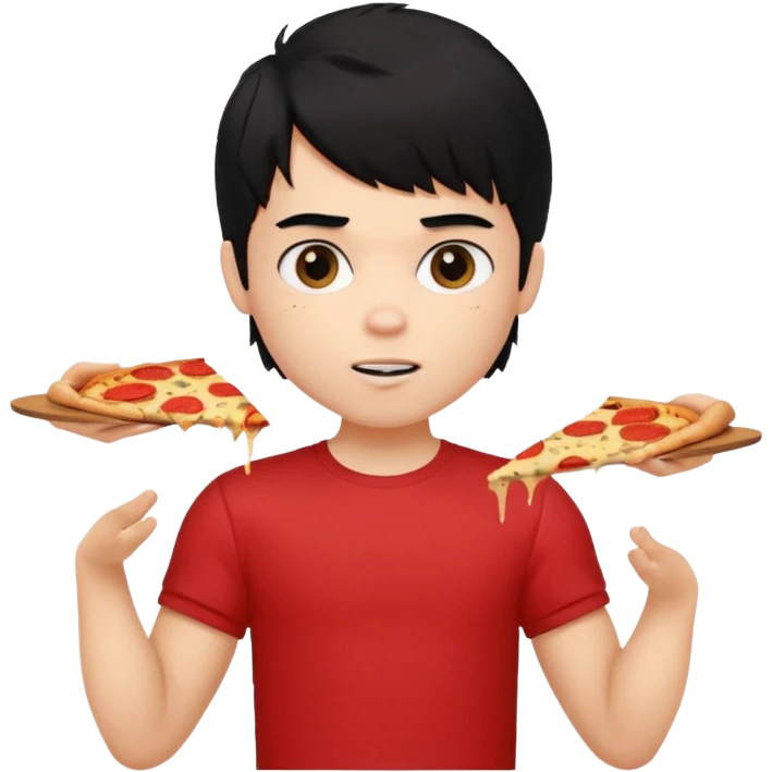 generate a pretty fair bratz boy with a messy mullet (black hair), wearing a red tshirt. eating pizza. He has big biceps emoji