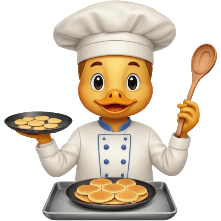 A chef duck wearing a tiny apron, making pancakes on a pan emoji