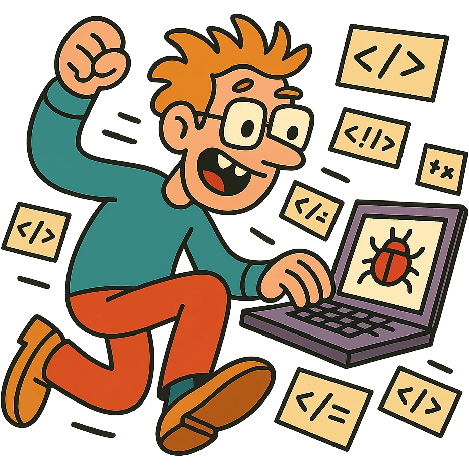 wacky programmer with buggy code flying around emoji