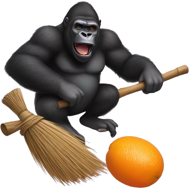 Gorilla on a broomstick flying over duck David while cooking oranges emoji