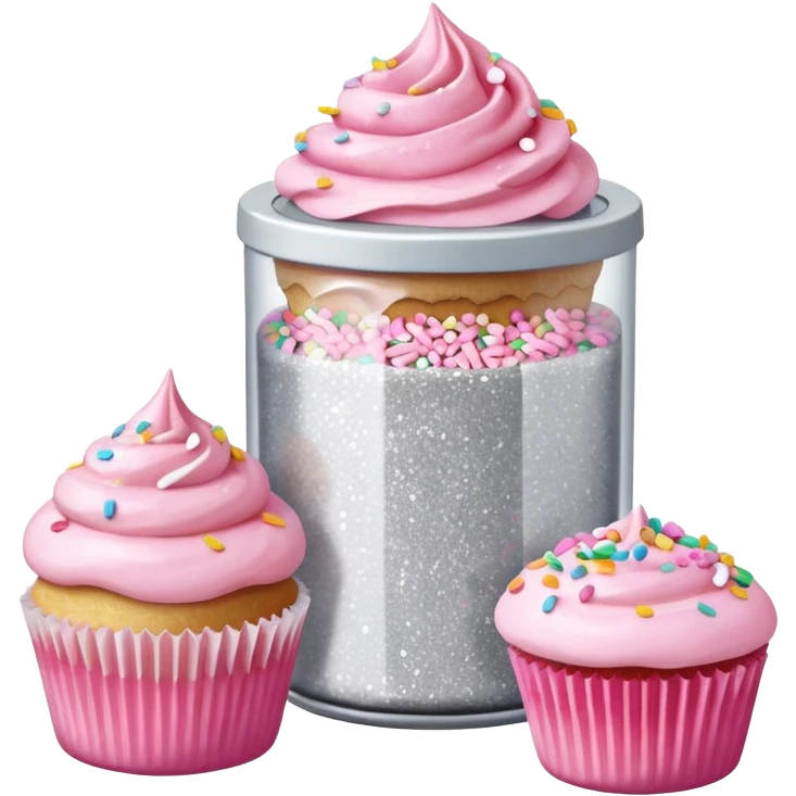 silver glitter in a small clear circular container with white lid next to a can of sprinkles and pink cupcakes  emoji