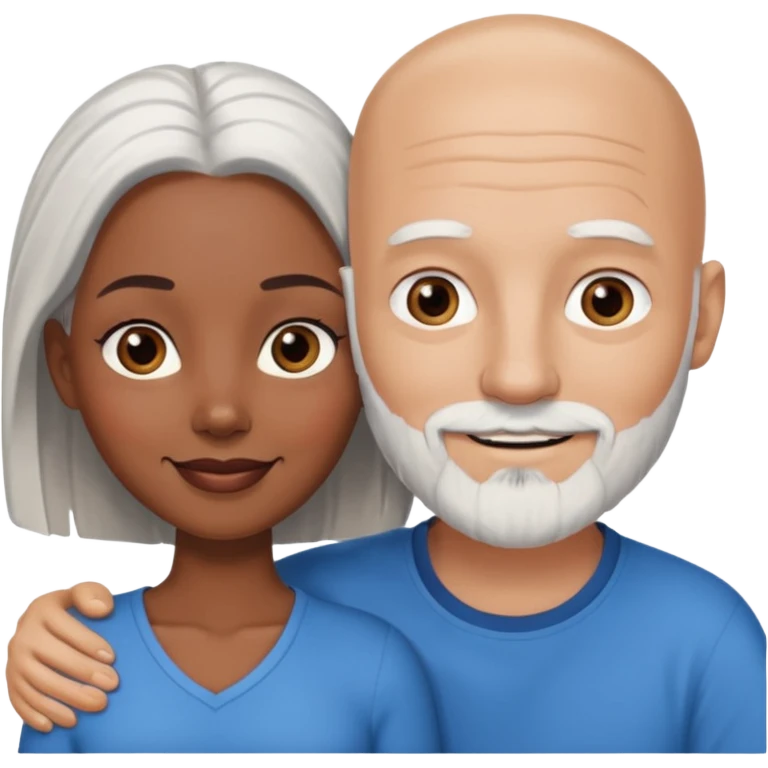 Talk bald white man with a white beard and blue eyes lovingly holding a black woman with brown eyes and grey hair emoji