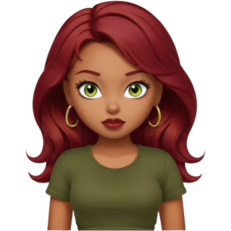 a pretty fair bratz girl with wavy dark red hair, wearing a black tee. eyeliner on, olive green eyes. Till stomach emoji