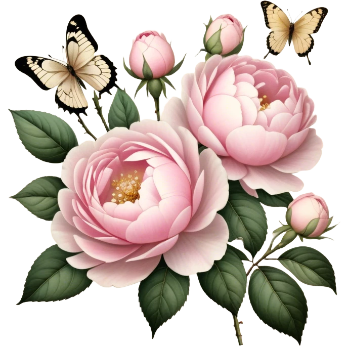 A vintage-inspired botanical illustration on aged parchment, featuring meticulously hand-drawn soft pink roses and lush white peonies with golden ink accents, while a pearl butterfly appears as if painted delicately onto the page.
 emoji