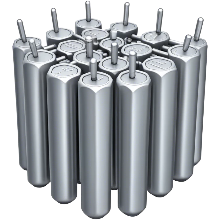 A bundle of thin uranium fuel rods used in a nuclear reactor, with a metallic silver or gray structure, cylindrical and slender rods, arranged in a hexagonal grid, realistic and industrial style, no green color, only metallic shades emoji