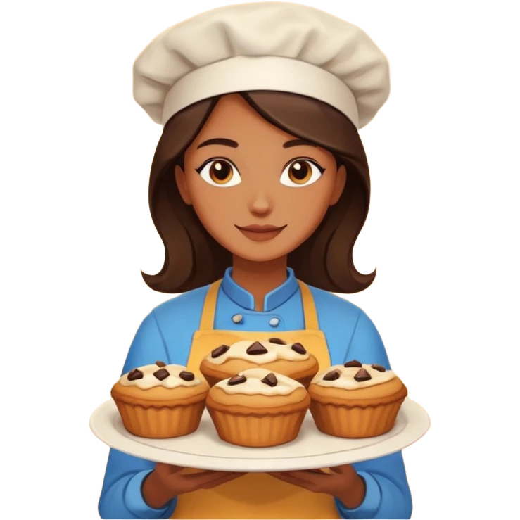 Baking community woman avatar in vibrant style illustration. Pie, cookie, and muffin warm golden tones, simple shapes, flat design, high contrast. emoji