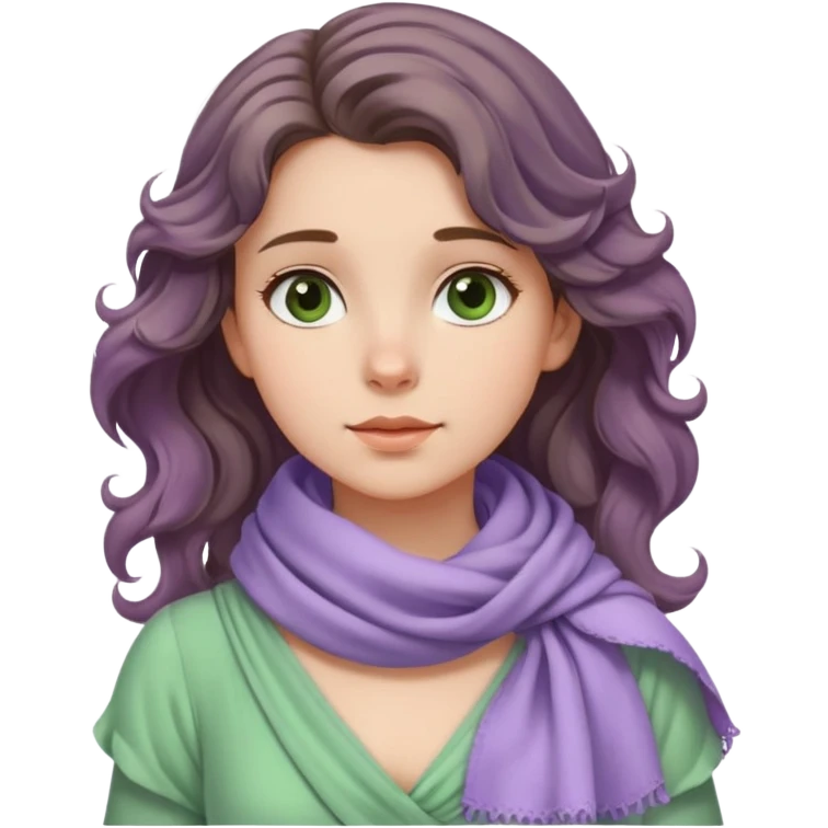 A girl with wavy hair, a lavender scarf around her neck, and a soft green dress, gazing into the distance. emoji
