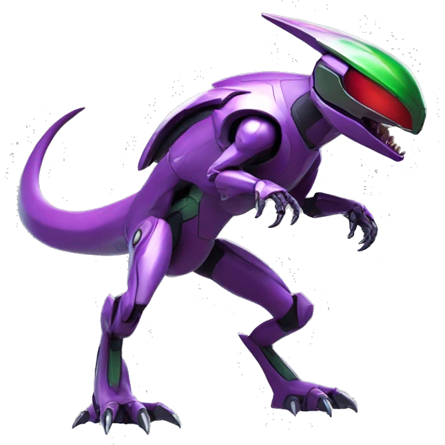 a shiny purple-green-red Genesect-Raptor-Fakémon—hybrid with a futuristic visor-helmet full body emoji