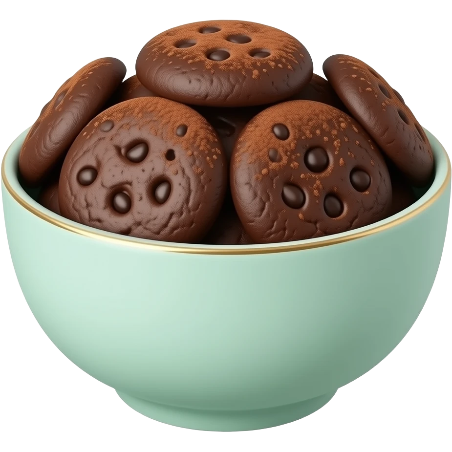un bol vert pastel remplit de cookies aux chocolats. La vue est en 3/4 Ajoute subtilité pour renforcer l'impression de luxe de la scène. L'ensemble est isolée sur un fond blanc. emoji