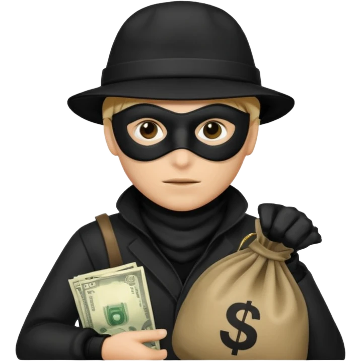 A emoji of a person wearing a robber outfit and a black hat and a black mask and a Money Bag emoji