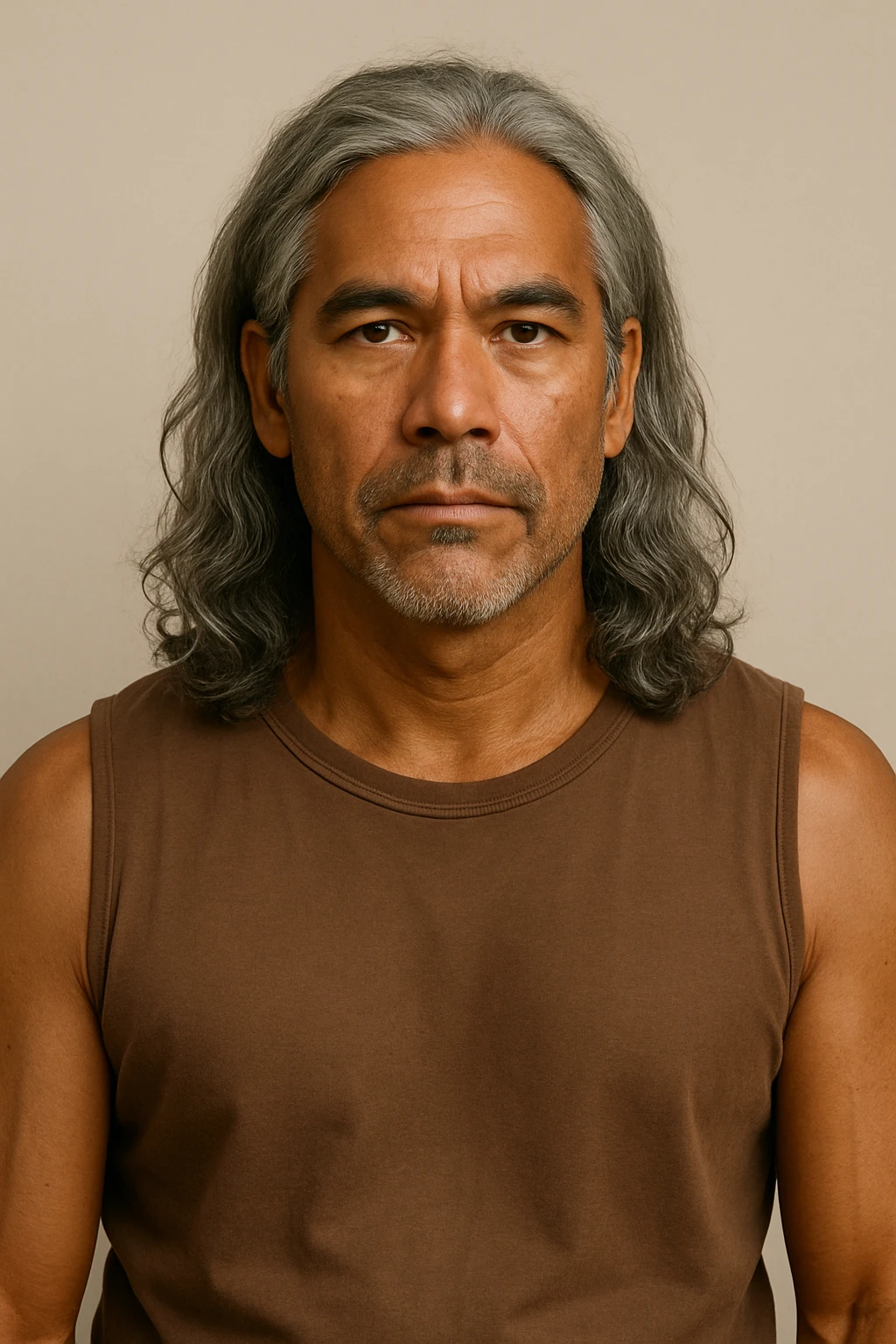 brown tanned man over 40 with long grey hair, neutral expression, upper body, plain background emoji