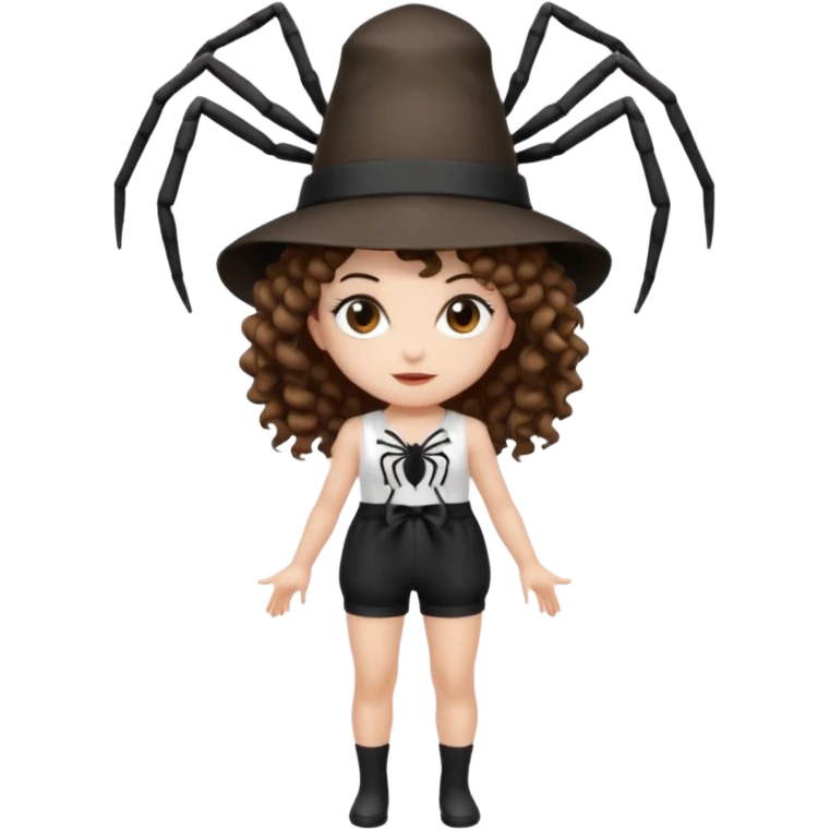 full body woman short curly brown mullet hair brown eyes white skin wearing spider hat and silk ribbon outfit emoji
