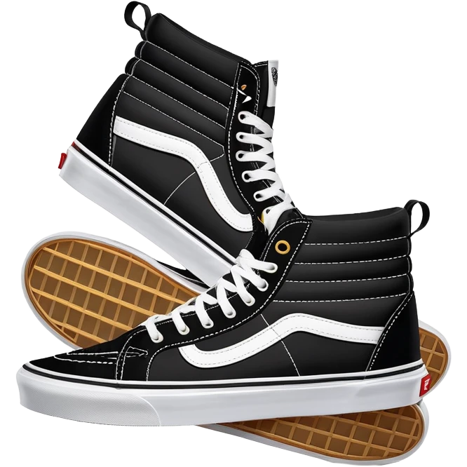 Black Vans Sk8-Hi shoes arranged as a neat pair with the back shoe slightly offset behind the front one, detailed high tops with signature white stripe and waffle soles emoji