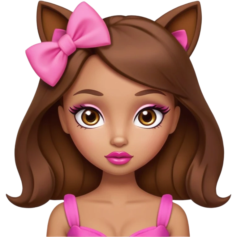 Bratz doll character with brown hair, pink bow, large lips, and almond-shaped foxy eyes emoji