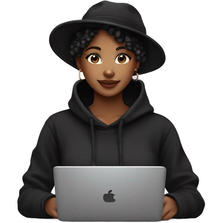 pretty african american girl with black hat and black sweatshirt hoodie pixie cut with laptop emoji
