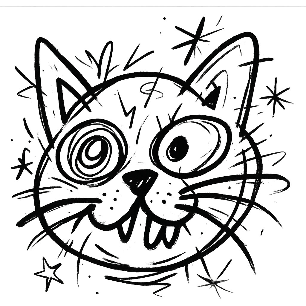 chaotic outlined icon of a funny cat face emoji