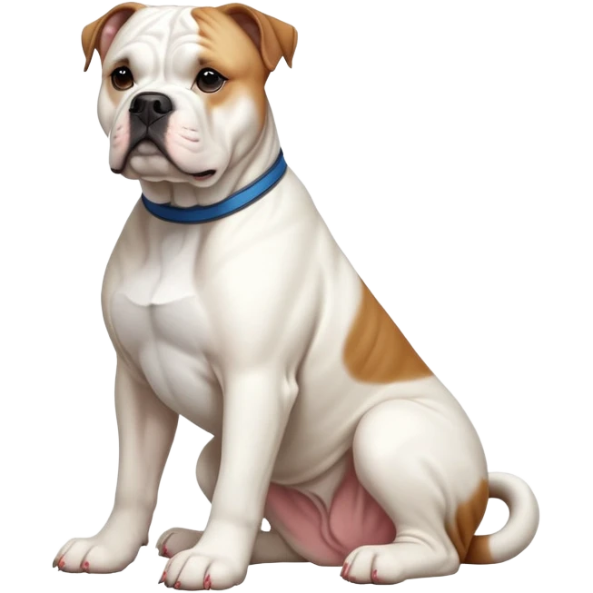 cinematic-[american bulldog]-realistic-full-body-sitting-emoji,-tail-resting-loosely-beside-its-paws,-head-tilted-dramatically,-sleek-[solid white]-fur,-simplified-yet-realistic-focused-features,-highly-detailed,-glowing-with-an-almost-sarcastic-glow emoji