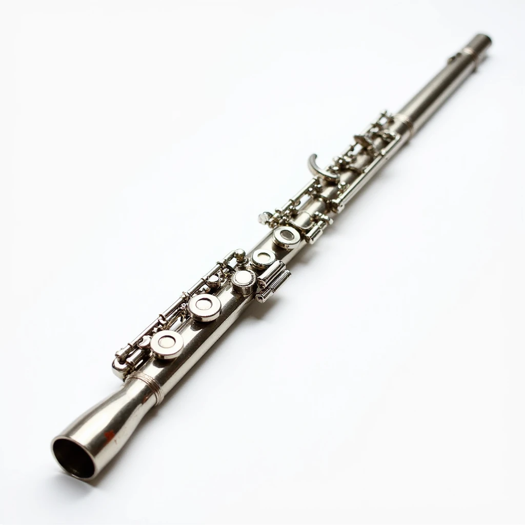 full-length view of metal flute with detailed buttons and mouthpiece, realistic, no human, suitable for a band, isolated on white background emoji