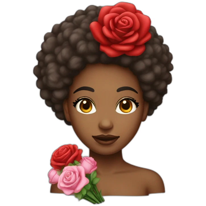 Femme métisse au cheveux afro tenant un Bouquet de rose rouge emoji