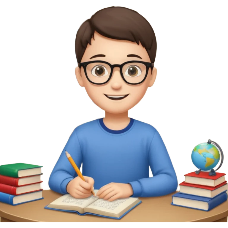 un niño de entre 3 - 10 años estudiando ingles, un destello de luz o colores más vivos para el niño que estudia en su habitacion feliz  emoji