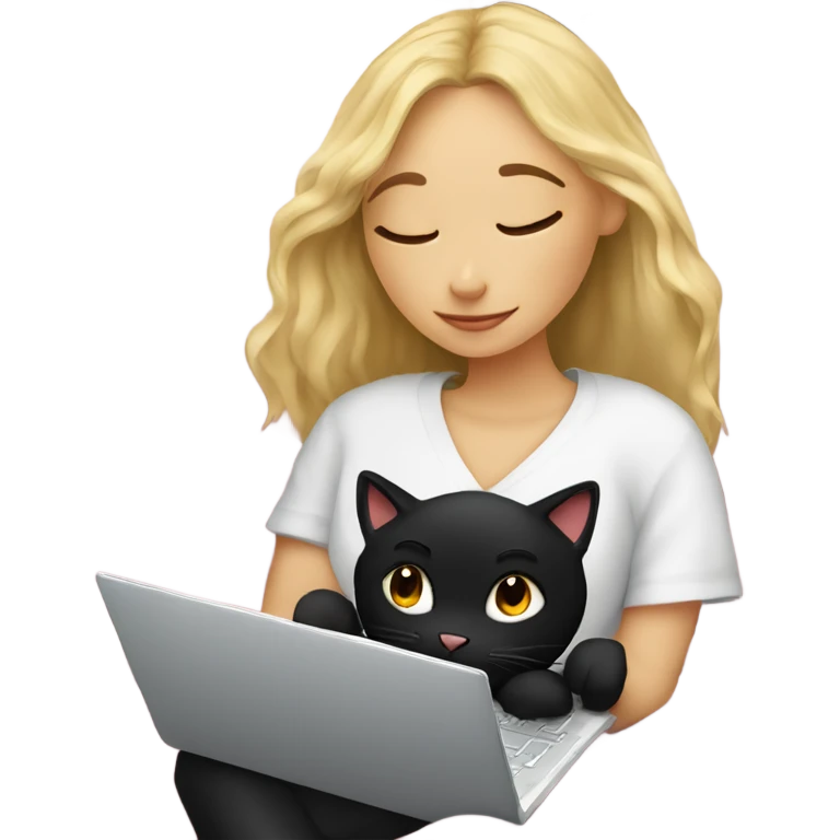 Blonde girl and black cat cozy under blanket with journal and laptop emoji