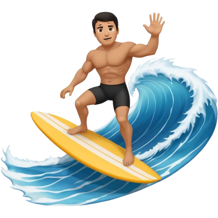 Dark haired, tan, muscular 50 year old man riding a big wave emoji