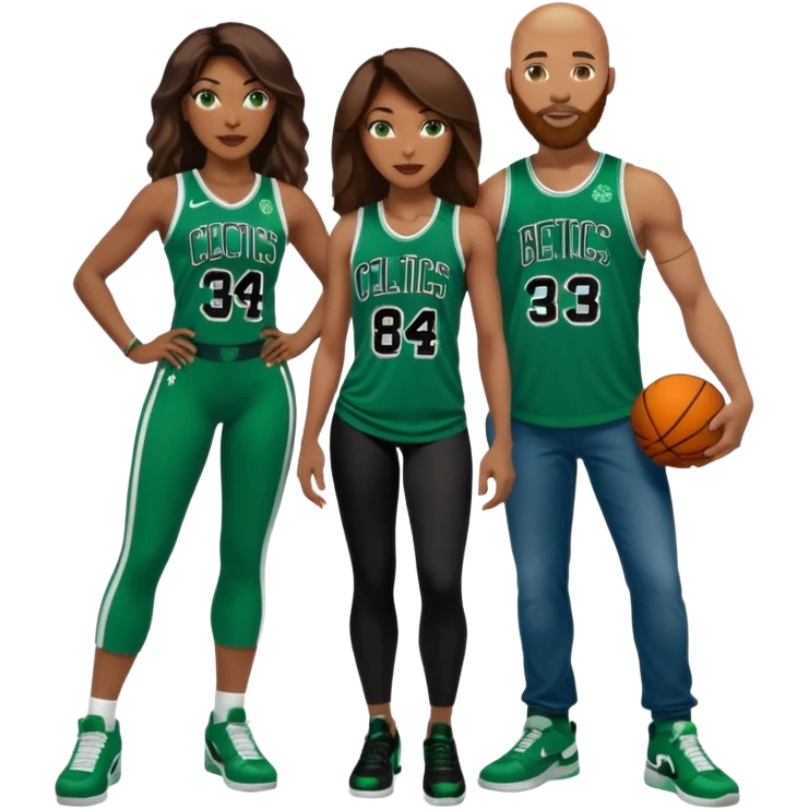 A couple: 48-year-old black woman with brown eyes, long dark brown balayage hair dressed in sexy 
celtics jersey costume outfit and stilettos with bald white man with ginger beard, and blue eyes, and a Jason Tatum Boston Celtics Jersey, jeans and Nike sneakers  emoji