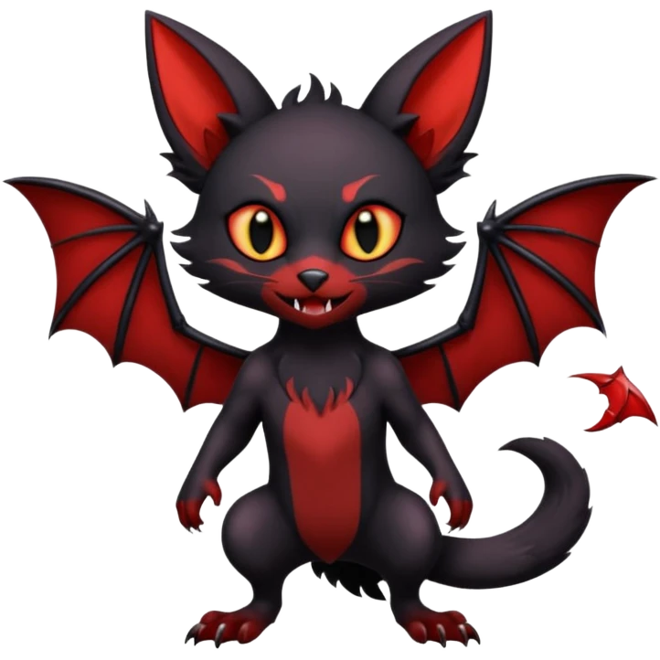 Vampiric Batty Black and Sanguine-red Noibat-Litten-Torracat-Lykoi-hybrid-fusion (full body) with big fangs, and bat-wings for ears emoji