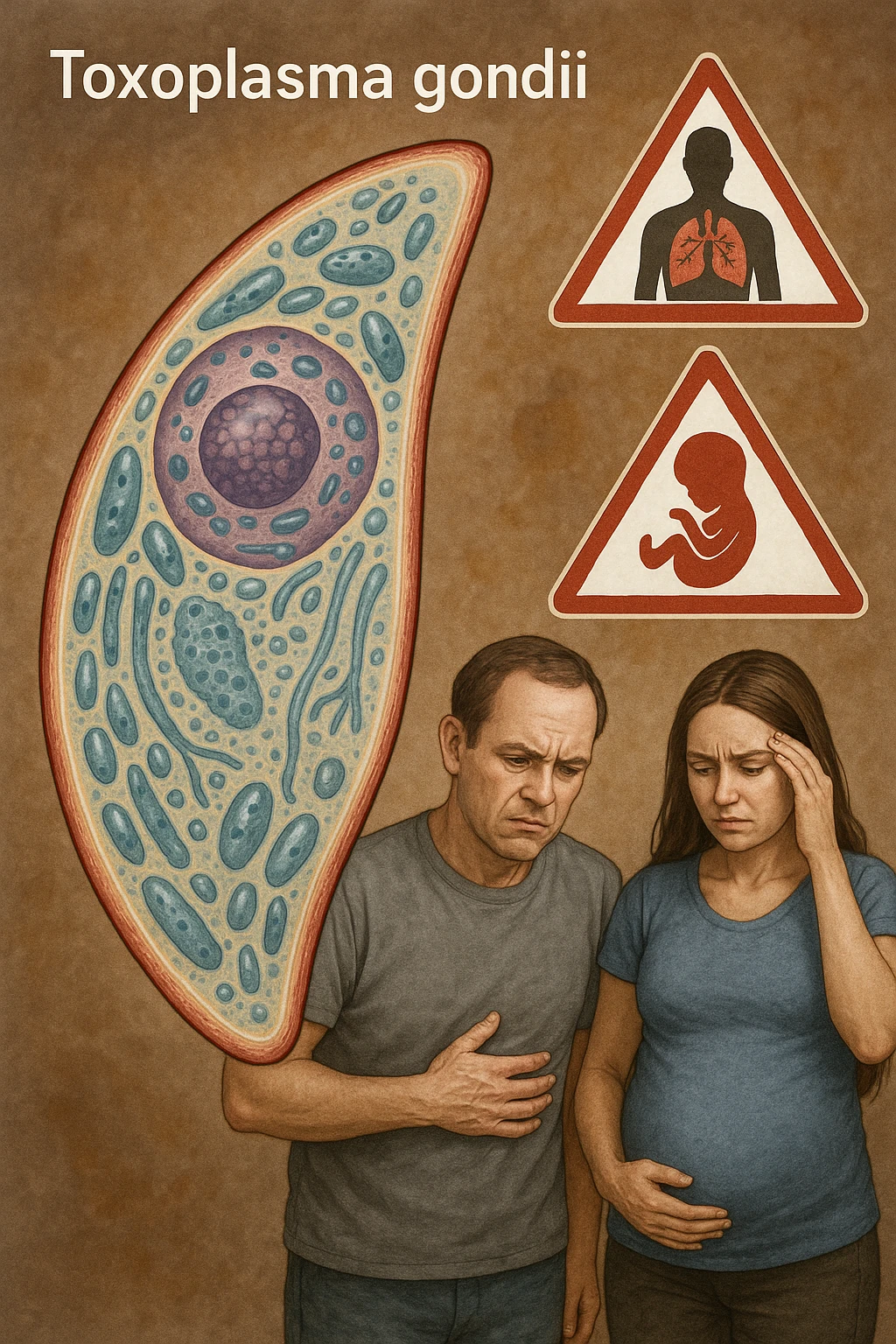 Toxoplasma gondii, infetta uomo immunodepresso e donne incinta. Causando gravi problemi tutto scritto in italiano immagine realistica emoji