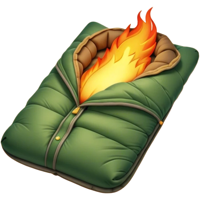 Cinematic Realistic Sleeping Bag, plush and slightly wrinkled, rich fabric texture catching the firelight, glowing with warmth and inviting coziness, nestled within a peaceful campsite. emoji