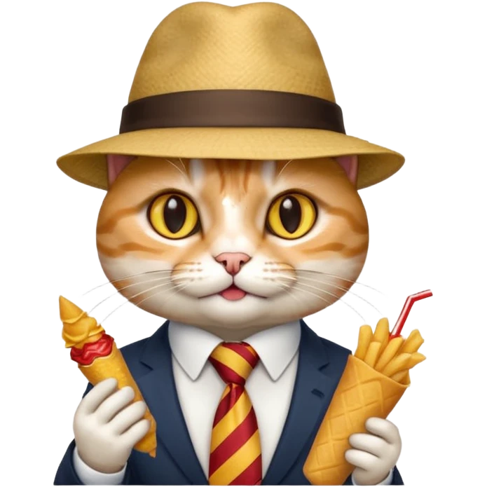 fast food eating cat waring tie and hat  emoji