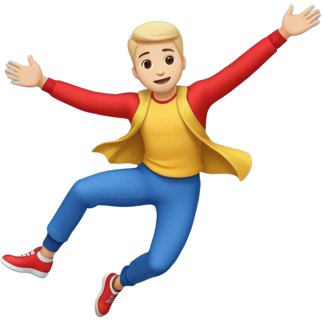 A cartoon-style emoji of a man flying backwards, leaning backward as if levitating from music, arms spread, energetic and joyful, simple bold lines, bright colors, minimal background, perfect for social media emoji, high contrast, small icon size emoji