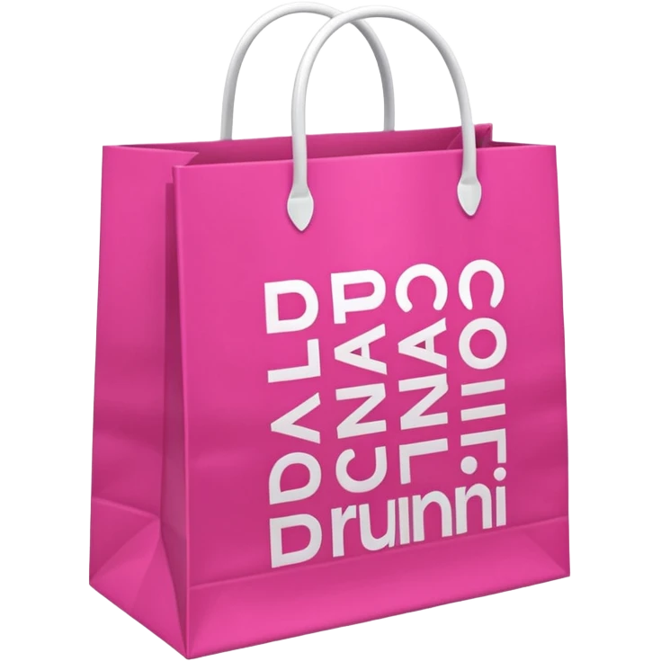 Fuchsia pink paper bag with white handles, repeating 'DRUNI' pattern in light pink and a large vertical 'DRUNI' in bold white letters in the center, iOS emoji style, shiny and realistic. emoji