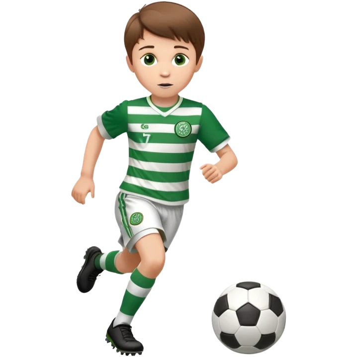 Celtic footballer jersey logo  6 years old brown hair white boy , brown eyes , stripes uniform , RUNNING  with soccer ball # 17 celtic football logo PUT ONLY ONE LOGO ONE CELTIC LOGO ONLY  emoji