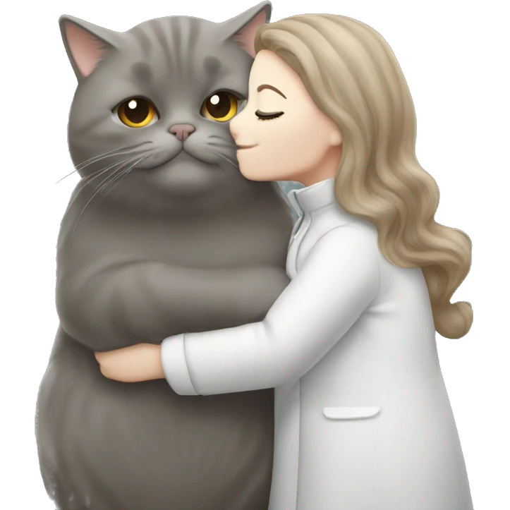 British shorthair grey cat kissing brown long hair white woman emoji