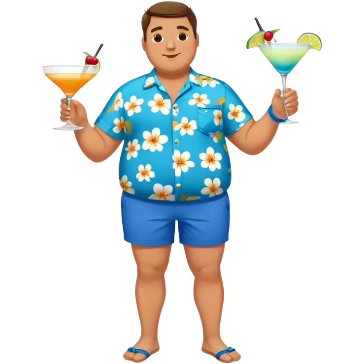 chubby guy full figure in a flowered azure havai shirt, brown shorts and flippers holding a cocktail emoji