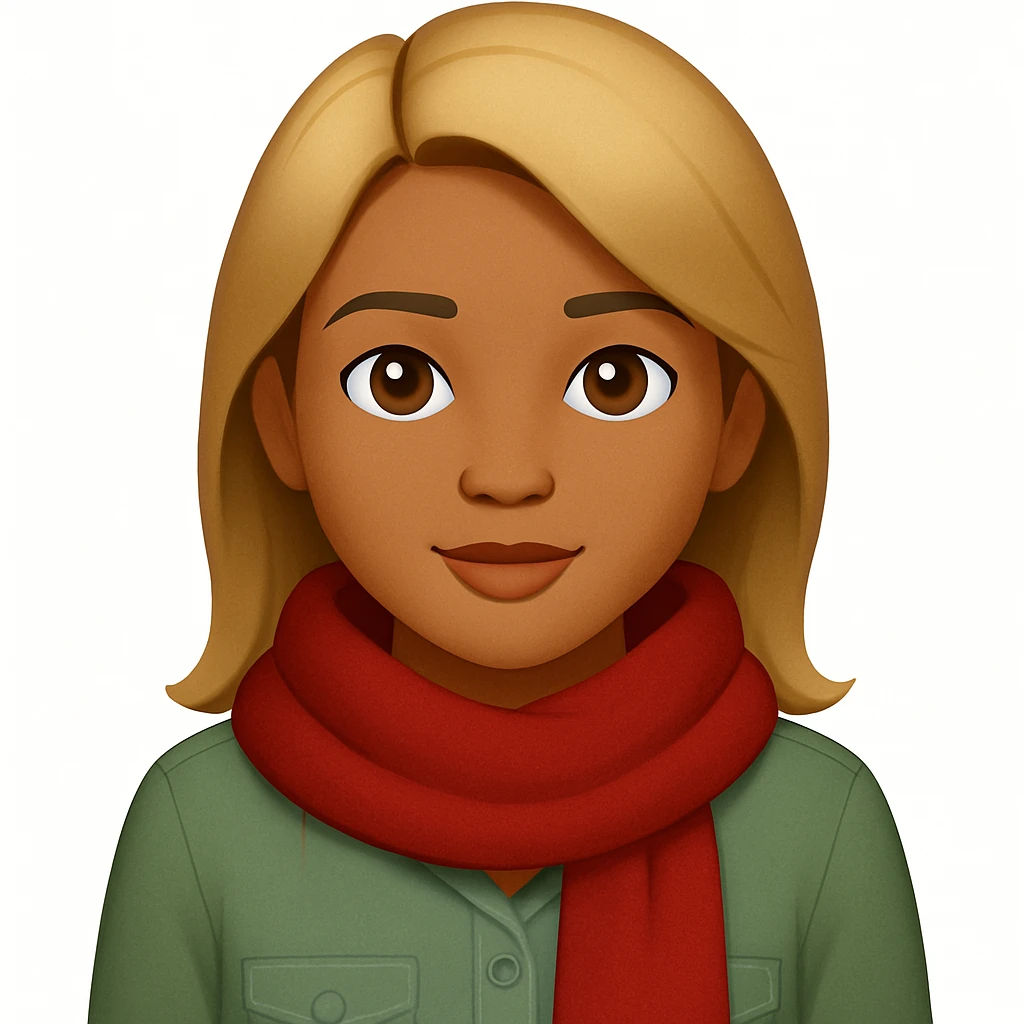 Edit the image of a girl with wheatish complexion, light green shirt, and jeans to change the scarf color to red. Keep the rest of the image the same. The original style is emoji style, so maintain a simple and clean emoji-like appearance. emoji